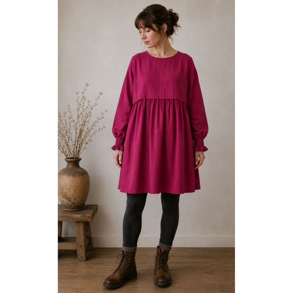 Lagenlook Cotton Babydoll Dress Button Back Fuchsia Pink EU 38 US S/M